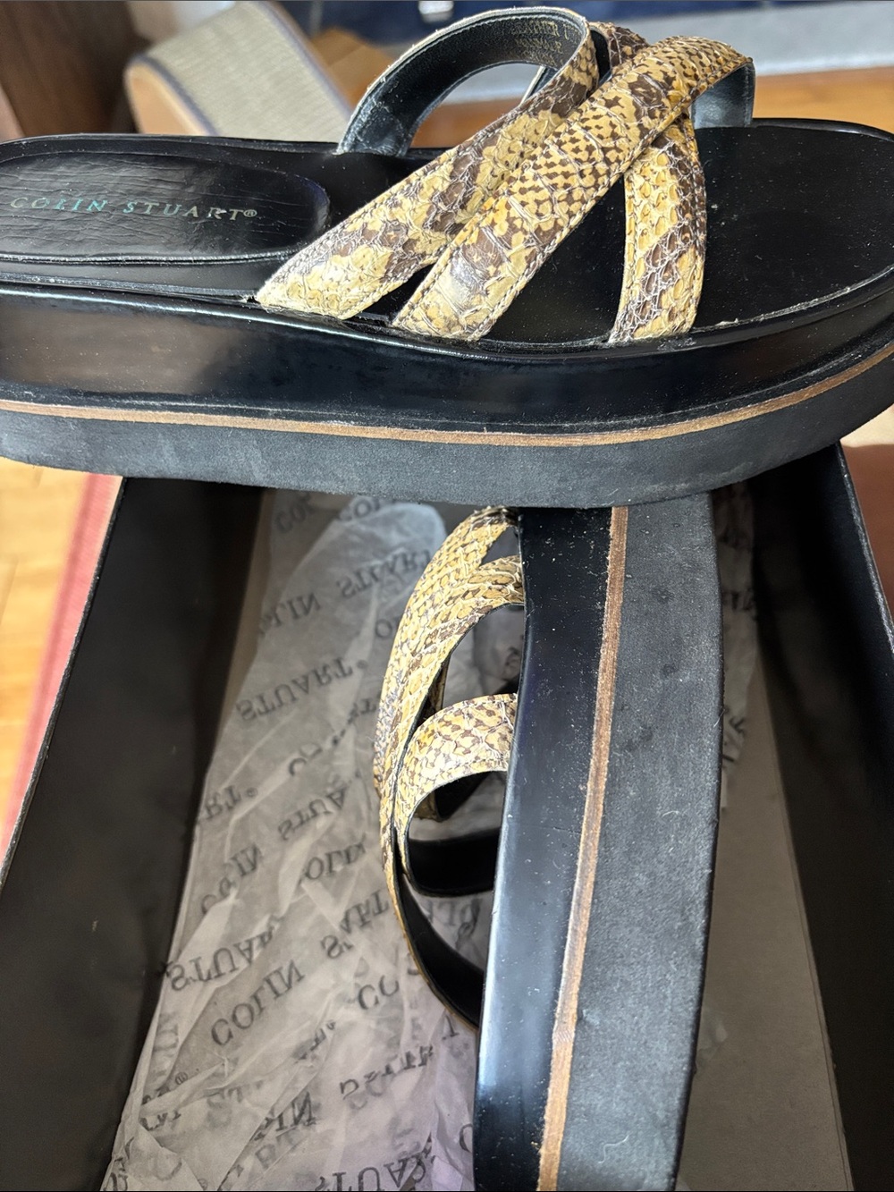 Colin Stuart Yellow Snakeskin Platform Slides